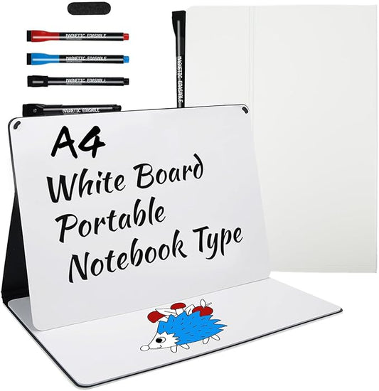 Small Portable White Board Dry Erase Notebook, 9" x 12" Double Sided Folding Whiteboards with 3 Pens, A4 Reusable Notebook with Storage Mesh Bag for Study, Meeting, Draft, Notes, Doodling