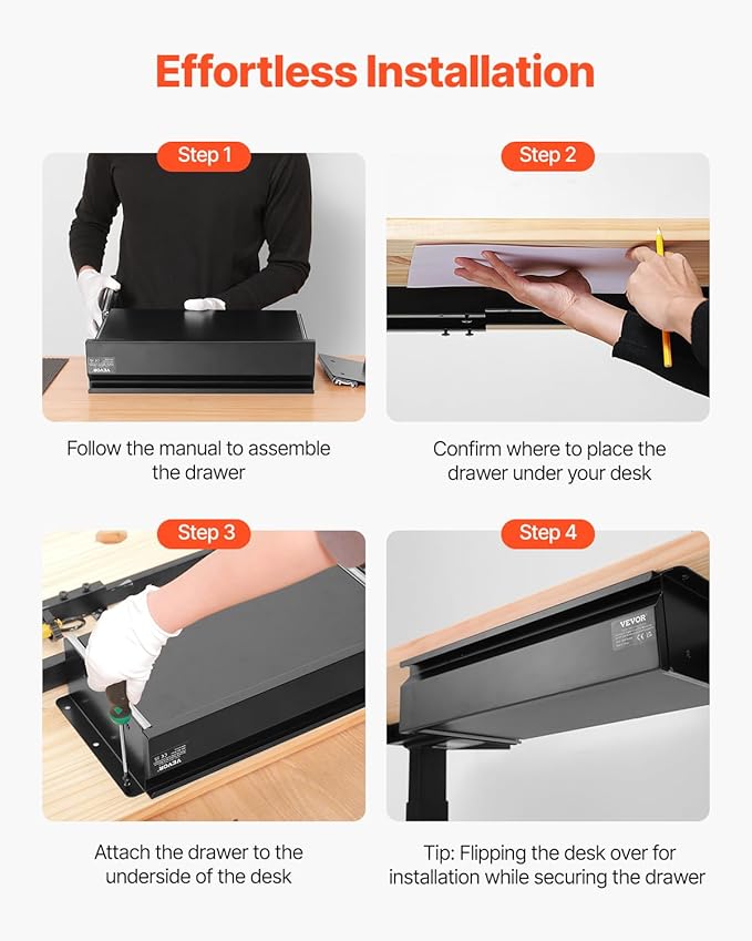 VEVOR Under Desk Drawer Slide Out, 16 inch Attachable Desk Drawer for Sit Stand Workstation, Hidden Under Counter Drawers for office Home, Black