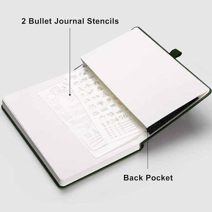 RETTACY Bullet Dotted Journal Notebook, 256 Pages, A5 Medium Size (5.7'' × 8.3''), Leather Hardcover, 120 GSM Thick Paper, for Bullet Journaling, Planning, Tracking (Dark Green)