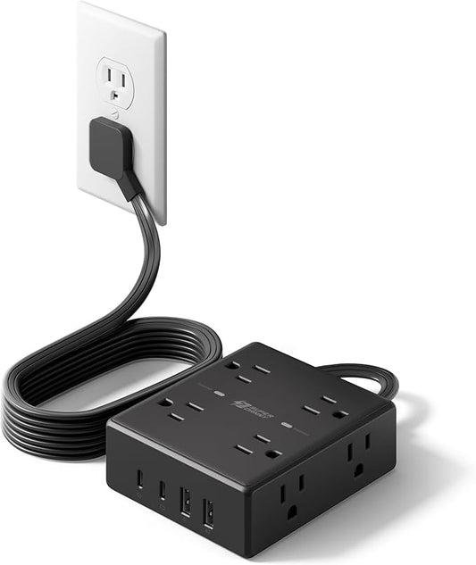 6Ft Extension Cord with Multiple Outlets, Flat Plug Power Strip Surge Protector, 8 Outlet 4 USB Ports (2 USB C), Wall Mountable, Desk Charging Station for Home Office, College Dorm Room Essentials