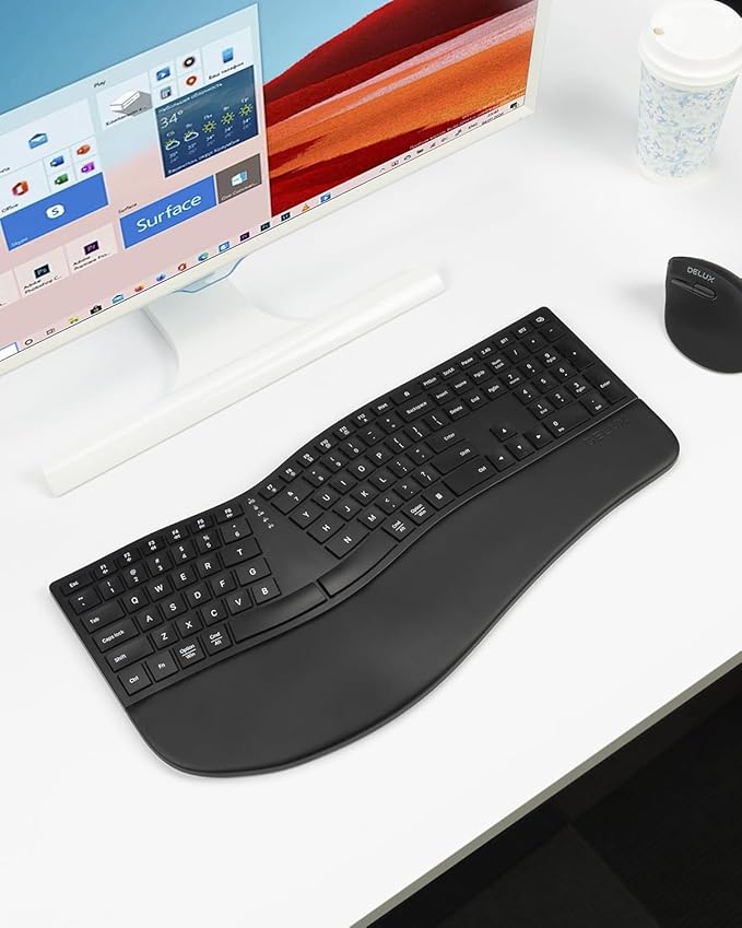 DeLUX Full Size Wireless Ergonomic Keyboard with Palm Rest, Ultra-Thin Split Keyboard, Bluetooth and 2.4G Connection, Rechargeable Battery, Natural Typing (GM909-Black)