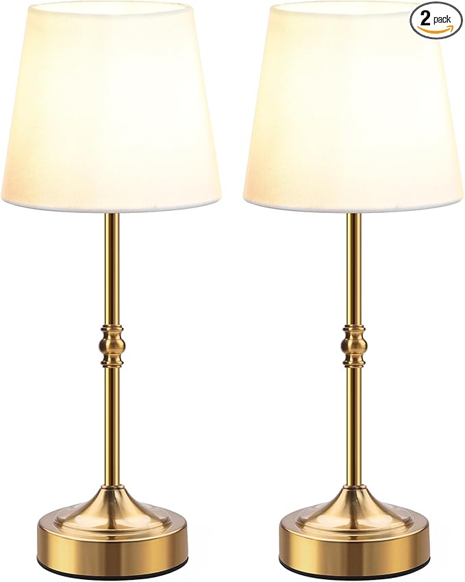 2 Pack Rechargeable Cordless Table Lamp, 5000mAh Battery Operated Lamp, Wireless 3-Level Dimmable Touch Lamp, Portable Night Bedside Brass Lamp, Desk Light for Patio Restaurant Dinning