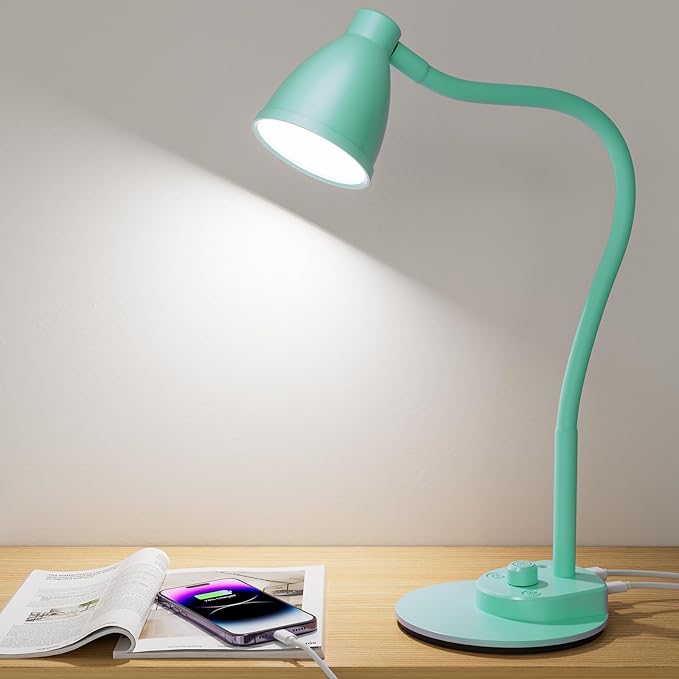BOHON LED Desk Lamp with USB Charging Port, 3 Color Modes Fully Dimmable Reading Lamp, Auto Dimming Task Lamp, Flexible Gooseneck Table Light for Office Dorm Bedside, Adapter Include, Teal