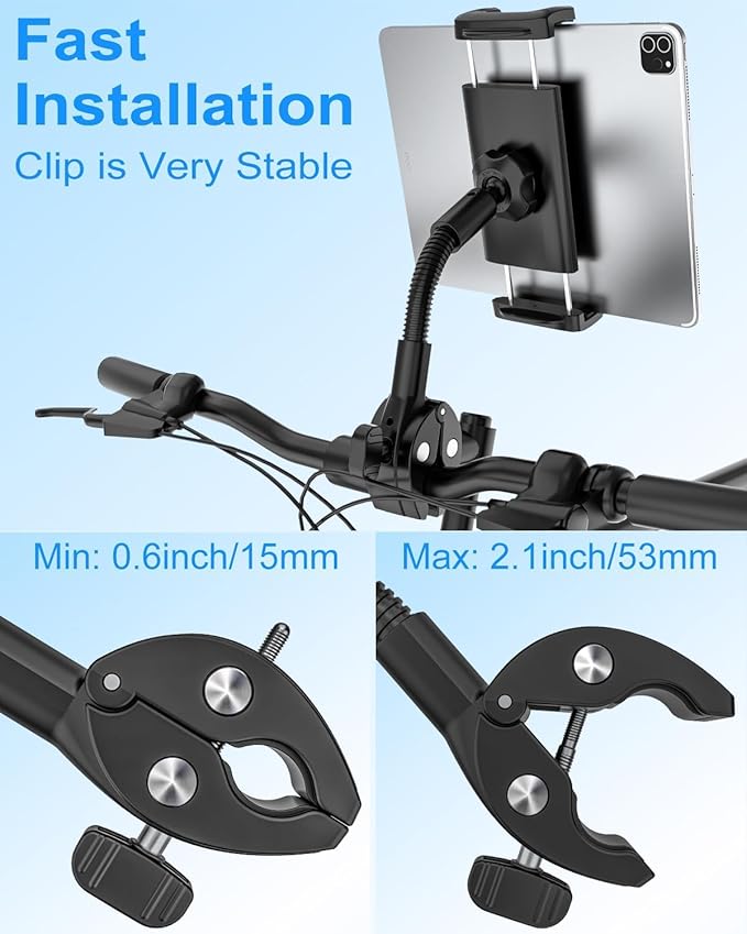 Bike or Motorcycle Tablet Holder, Gooseneck Out Front Bicycle Handlebar iPad Clamp Mount for Road Electric Bike, Scooter, Moto, Universal Cycling Tablet Holder for 4-13" iPad/iPhon/Z Fold