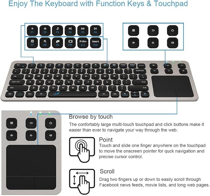 Arteck 2.4G Wireless Touch TV Keyboard with Easy Media Control and Built-in Touchpad Mouse Solid Stainless Ultra Compact Full Size Keyboard -Connected Computer, Smart TV, HTPC