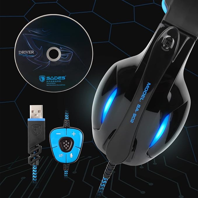 SADES SA902 Stereo Gaming Headset 7.1 USB Surround Sound PC Headsets Over-Ear Gaming Headphones with Microphone LED Light Black Blue