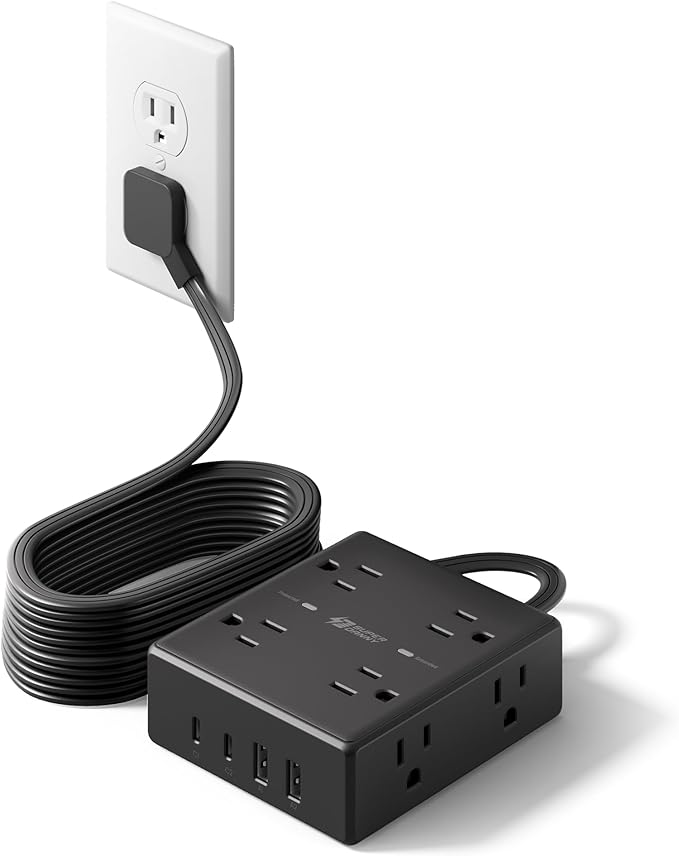 15Ft Extension Cord with Multiple Outlets, Flat Plug Power Strip Surge Protector with 15 Ft Long Cord, 8 Outlet 4 USB Ports (2 USB C), Desk Charging Station for Home Office, College Dorm Room