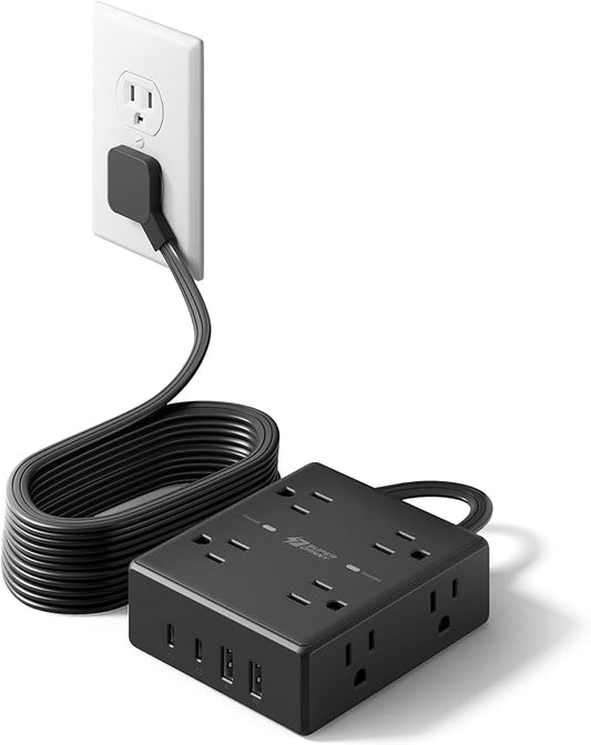 15Ft Extension Cord with Multiple Outlets, Flat Plug Power Strip Surge Protector with 15 Ft Long Cord, 8 Outlet 4 USB Ports (2 USB C), Desk Charging Station for Home Office, College Dorm Room