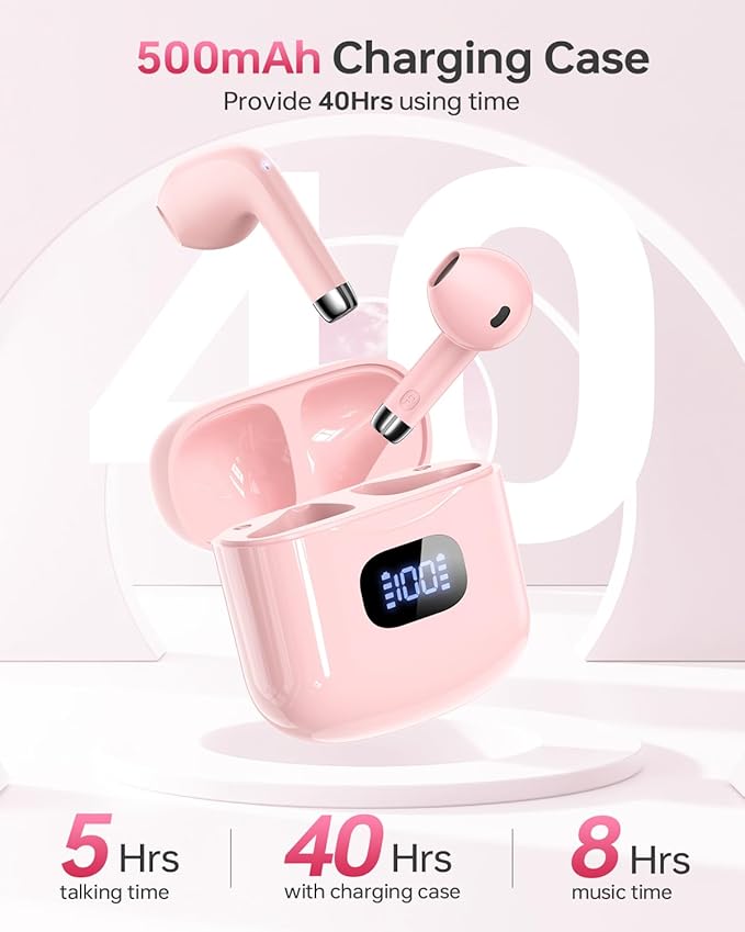 Wireless Earbuds Bluetooth 5.3 Headphones, 40Hrs Playback Stereo Ear Buds with LED Display Charging Case IPX7 Waterproof in-Ear Earphones with Mic for Phone Tablet Laptop Sports, Pink