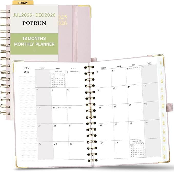 POPRUN Monthly Planner 2025-2026 Spiral Hardcover (6.25'' x 8.5''), 18 Months Calendar (Jul.2025 - Dec.2026)- 2 Pages per Month with Dotted Note Pages, Sunday Start, Laminated Tab - Light Pink