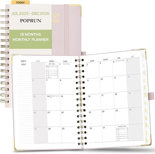 POPRUN Monthly Planner 2025-2026 Spiral Hardcover (6.25'' x 8.5''), 18 Months Calendar (Jul.2025 - Dec.2026)- 2 Pages per Month with Dotted Note Pages, Sunday Start, Laminated Tab - Light Pink