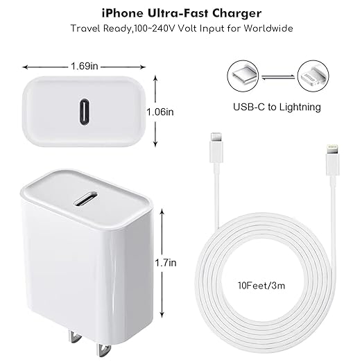 Extra Long 10FT Apple Fast Charger,[Apple MFi Certified]2Pack Fast iPhone Charger Travel Plug Adapter 20W Super Quick USB C Wall Block 10Foot Lightning Cable Cord for iPhone 14/13/12/11/8/X/XR/SE/iPad
