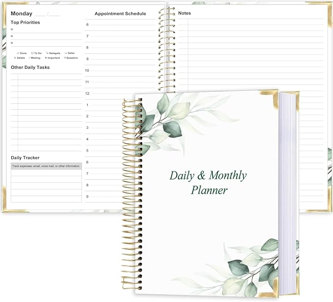 Undated Daily Monthly Planner for 2025 2026 - A4 To Do List with Hourly Schedule, Hardcover Spiral Bound Daily Planner to Increase Focus, Stylish School/Office Supplies, 8.5" x 11", Green Leaf