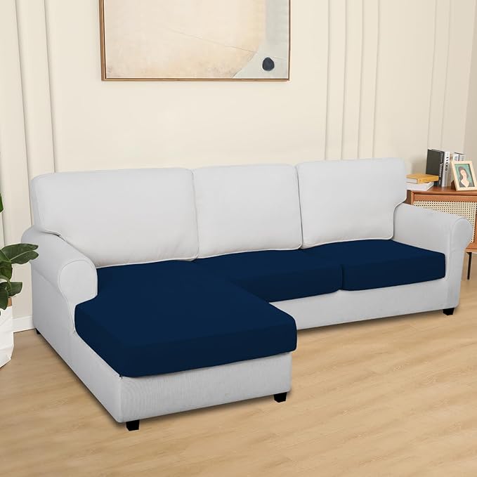 Easy-Going 100% Waterproof 3 Pieces Couch Cushion Covers for Sectional Sofa Left/Right L Shape Chaise Lounge Sofa Seat slipcover Anti-Slip Sofa Cover (2 Seater + 1 Chaise, Navy