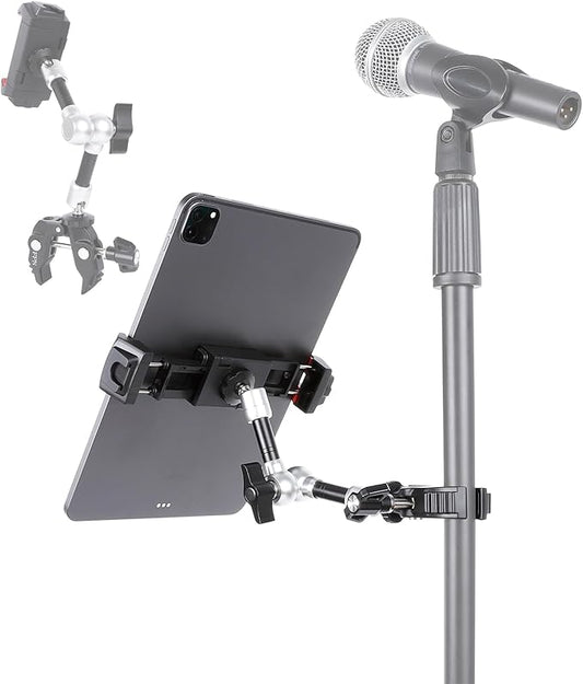 Tablet Holder for Microphone Stand, Aluminum Mic Music Stand Mount for iPad and iPhone, Adjustable Tablet Holder with Super Handle Clamp Compatible with 4.7 to 13 inch Tablets & Phones