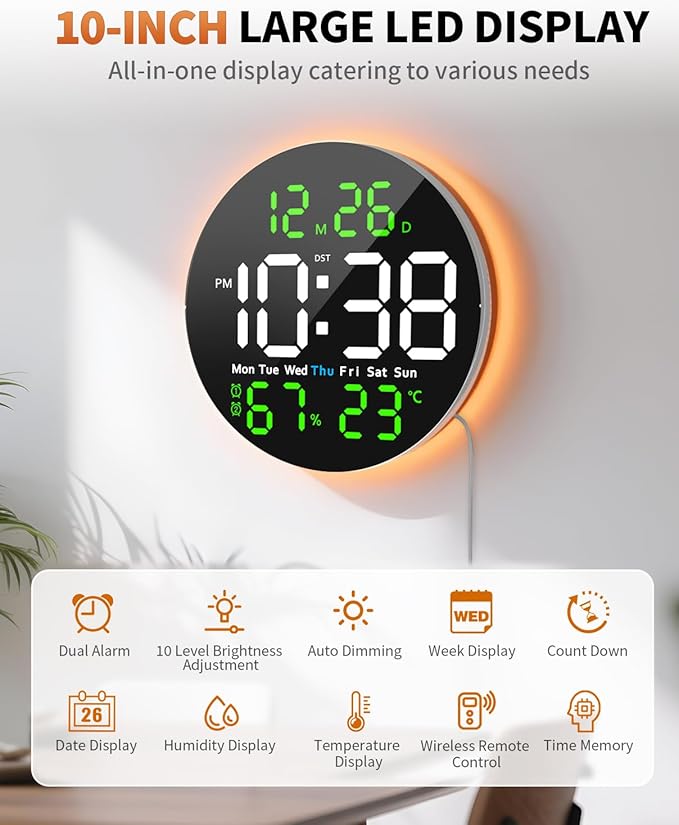 10 Inch Large Digital Wall Clock with 9 Color Changing Remote Control, Date Week Temperature, Auto Brightness Dimmer Big Clock with Night Lights,Green