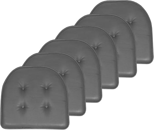 Sweet Home Collection Chair Cushion Memory Foam Pads Tufted Slip Non Skid Rubber Back U-Shaped 17" x 16" Seat Cover, 6 Pack, Faux Leather Gray