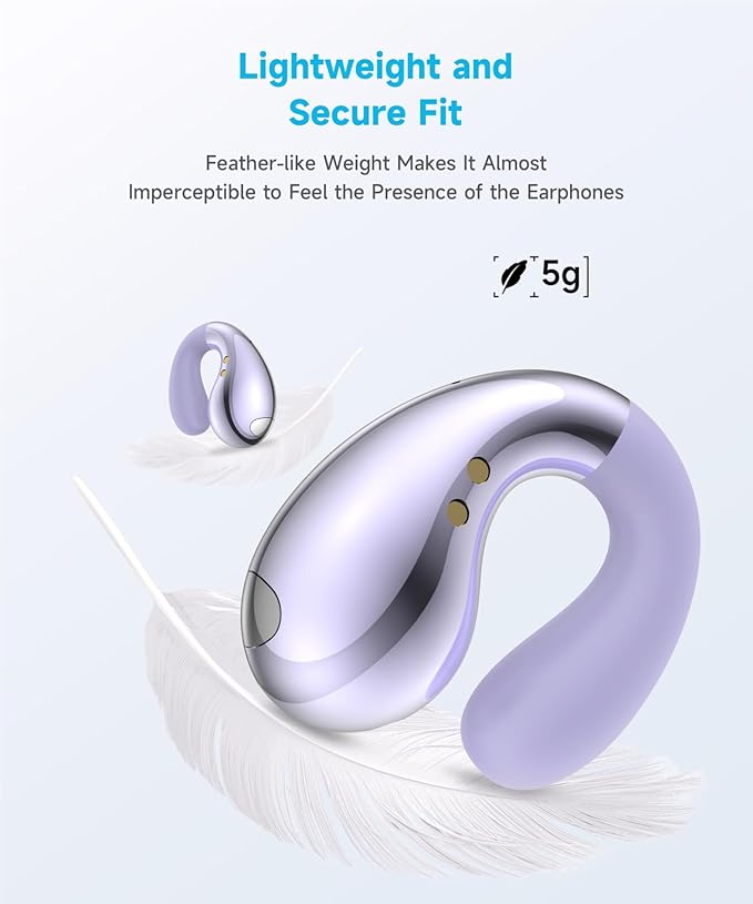 Ultra Open-Ear-Earbuds Wireless Bluetooth - Ergonomic Clip-On Earbuds, Bone Conduction Over-The-Ear Headphones with Waterproof Design and Secure Fit for Small Ears, Purple