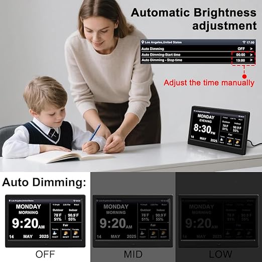 2025 New Digital Clock with Temperature/Humidity & Weather Forecast, Auto Time Sync Large Display, Custom Alarms & Medication Reminders, Ideal for Elderly(Black, 10.1-Inch)