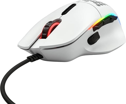 Glorious Gaming Model I Wired Gaming Mouse - 69g Superlight, 2 Swappable Buttons, RGB, PTFE Feet, 9 Programmable Buttons, Side Thumb Rest - White