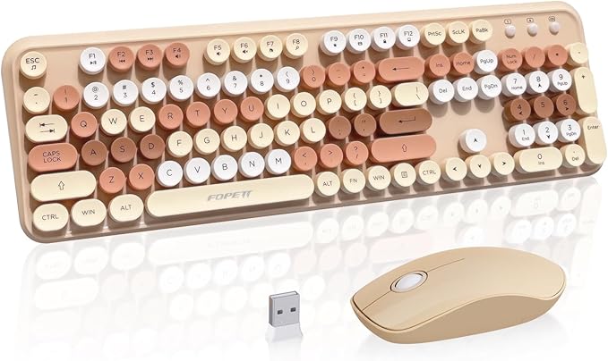 Cute Retro Wireless Keyboard and Mouse Combo with Round Key, 2.4Ghz Dropout-Free Connection, Typewriter Wireless Keyboard and Mouse Set for PC, Laptop, Desktop Computer - Brown Colorful