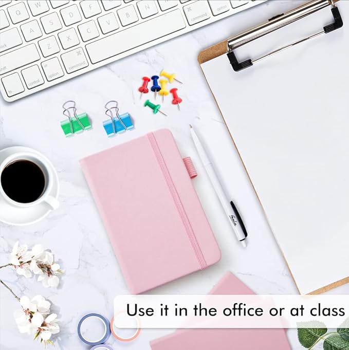 feela 3 Pack Pocket Small Notebook Journals, Mini Cute Memo Notepad Hardcover College Ruled Lined Journals with Pen Holder for Women Girls Office School, with 3 Black Pens, 3.5”x 5.5”, A6, Rose Pink