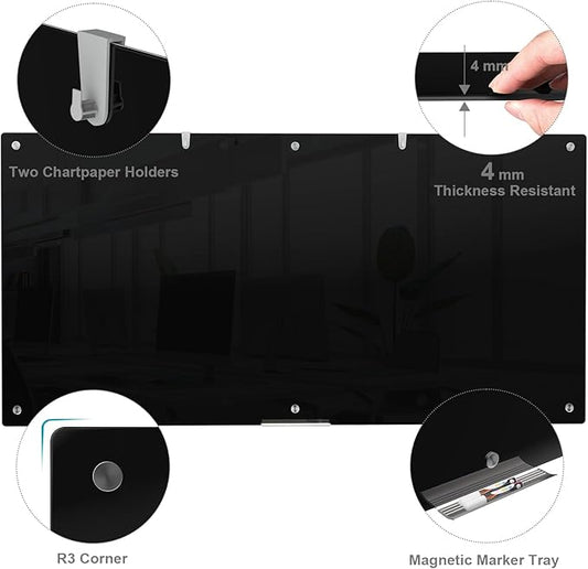 Large Black Glass Dry Erase Board, 96 x 48 Inches Magnetic Glass whiteboard,8' x 4' Frameless Blackboard for Office, Home, School