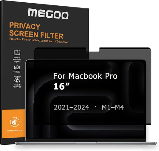 Megoo Privacy Screen for MacBook Pro 16 Inch (2021–2024, M1,M2,M3,M4,Pro,Max), Matte Anti-Glare, Blue Light Filter, ±30° Anti-Spy View, Magnetic， Storage Case – Premium Business Protection