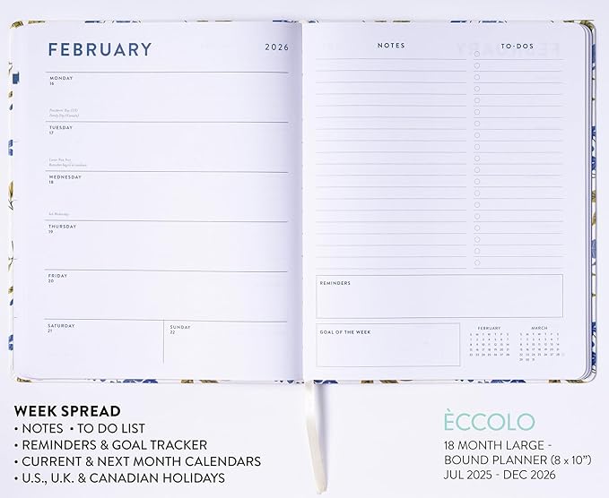 Eccolo 2025-2026 Large Agenda Planner, 18 Month, Yearly, Monthly & Weekly Views, Reminders, Goals Tracker (Flexi-Cover - 8 x 10")