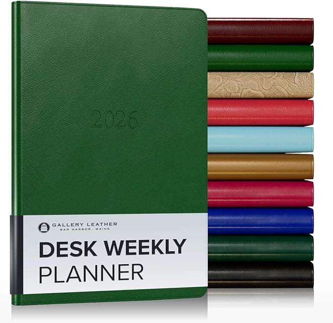 Gallery Leather Desk Weekly Monthly Planner 2025-2026, Elegantly Bound Calendar Planner and Notebook with Stylish Gold-Gilded Page Edges, 12 Months - Monhegan Emerald - 8 x 5.5 "