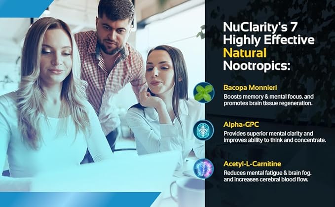 NuClarity - Premium Nootropic Brain Supplement - Focus, Energy, Memory Booster - Mental Clarity & Cognitive Support - Ginkgo Biloba, Bacopa Monnieri, Alpha-GPC, Phosphatidylserine, Rhodiola Rosea