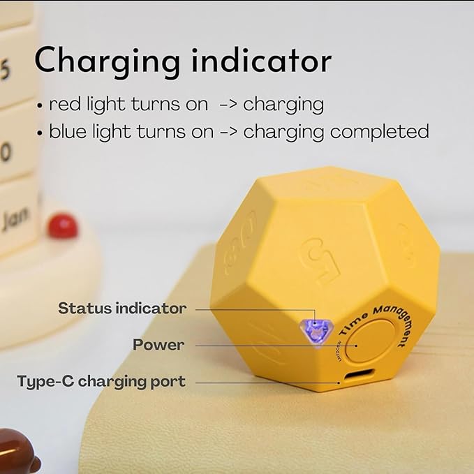 Mini 12 Sided Cube Timer, 11 Preset Times Pomodoro Timer for Enhanced Productivity. Ideal for ADHD Management, Workout, Study & Kitchen Cooking. Easy to Use (Yellow)