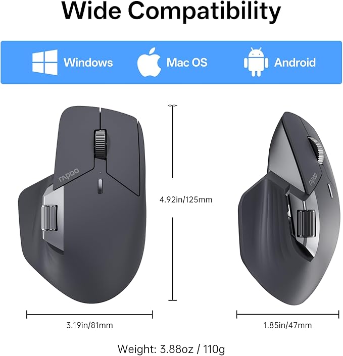 Rapoo MT760 PRO Wireless Mouse, NearLink + Bluetooth 5.0 Multi-Device, 12K DPI, 2K Polling, Ergo for Work & Gaming, 11 Programmable Buttons, On-Board Memory, Quiet Clicks, USB-C, 120 Days Battery Life