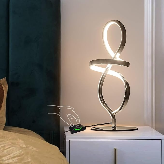 Mayful Modern Table Lamp with LED Spiral Design, Bedside Lamp with Stepless Dimming Switch, Contemporary Nightstand & Chrome Table Lamp for Bedroom, Living Room, Home Office, 12W 3200K Warm White