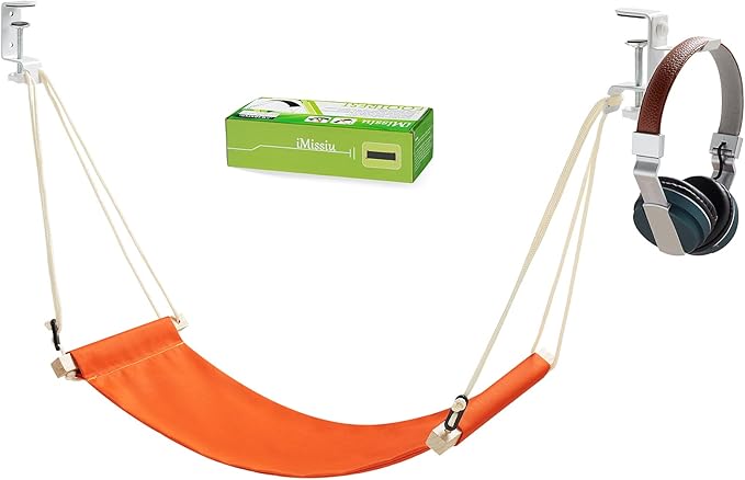 iMissiu Foot Hammock Under Desk | iMissiu Adjustable Office Foot Rest | Portable Footrest with Headphones Holder (Orange)