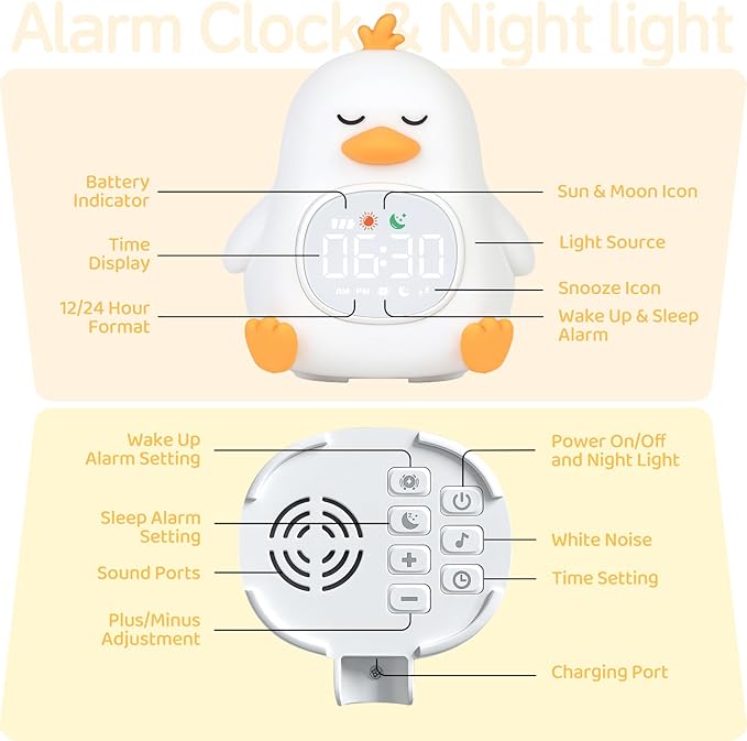 Alarm Clock for Kids with Night Light, Sleep Training Clock Time to Wake Clock, Rechargeable Silicone Light for Bedroom, Perfect Sleep Companion for Boys Girls, Sleepy Duck