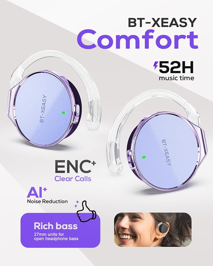 On Ear Headphones Bluetooth 5.4, Noise Cancelling Open Ear Headphones Wireless, Water-Drop Shaped Clip On Sport Headset Bluetooth with 4 Microphone, Comfort Fit Earphones with Long Battery Life