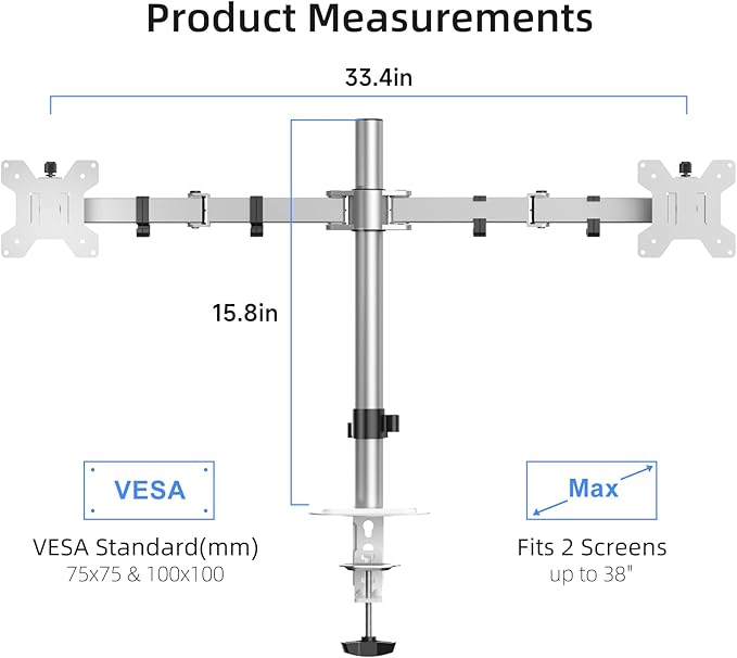 Suptek Dual Monitor Desk Mount, Adjustable Dual Monitor Arm for 2 Monitor Screens up to 38 inch, Extra Tall 15.75" Pole Monitor Stand for Desk, Holds up to 22 lbs,Silver(MD9442MS)