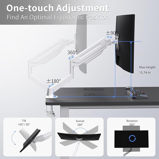 Suptek Single Monitor Mount Adjustable Gas Spring Monitor Arm Desk Mount Stand Fits 17 20 22 23 24 26 27 32 33 inch Monitors,Holds up to 22 lbs,White(MD18W)