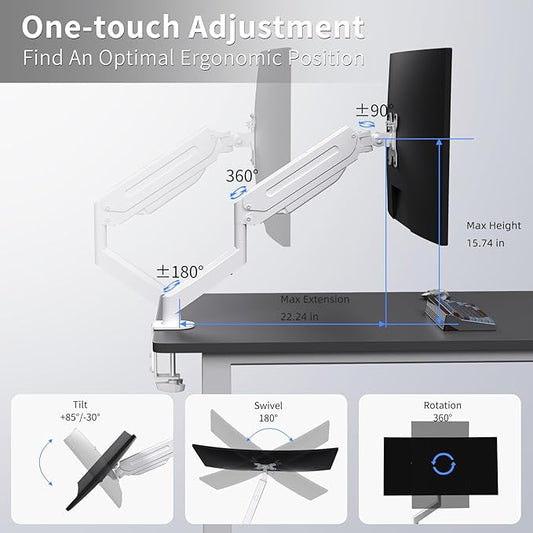 Suptek Single Monitor Mount Adjustable Gas Spring Monitor Arm Desk Mount Stand Fits 17 20 22 23 24 26 27 32 33 inch Monitors,Holds up to 22 lbs,White(MD18W)