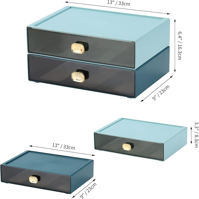 Spacious Desktop Storage Box, 2 Large Storage Drawers, Stackable Office Desk Drawer Organizer and Accessories, Printer Paper Organizer, Blue & Cyan Plastic Drawers for Workspace & Home