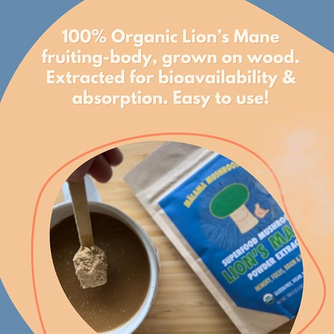 Lion's Mane Extract Powder by Malama, Organic Fruiting Body Lions Mane Mushroom Powder, Superfood Adaptogenic, Supports Memory, Focus, Brain, & Nerves
