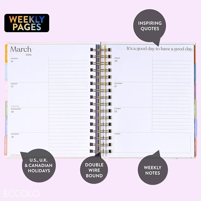 2025-2026 Eccolo Spiral Agenda Planner, Pink Dual Elastics, Weekly & Monthly Pages, 18 Months, Sticker Sheets, Inspirational Quotes (7.75 x 8.75, July 2025 - Dec 2026)