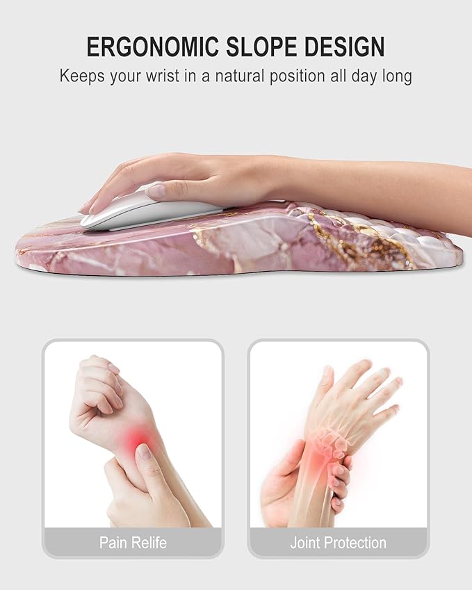 Auhoahsil Ergonomic Mouse Pad with Wrist Rest, Comfortable Slope Computer Mouse Mat with Wrist Support, Memory Foam Filling, Non-Slip Silicone Base, Pain Relief for Gaming Work, 8" x 12", Pink Marble