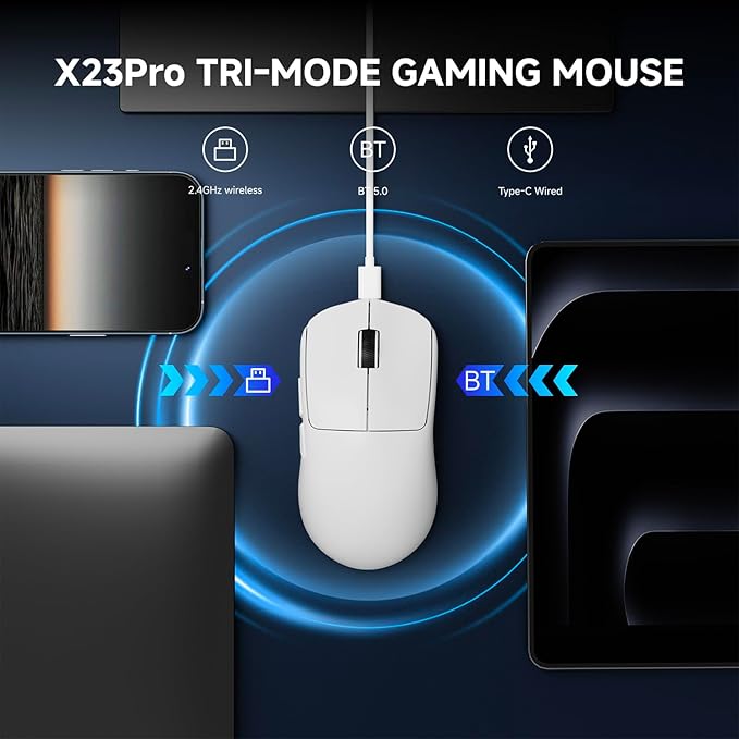 X23Pro Wireless Gaming Mouse, 2.4G/BT5.0/USB-C Esports Gaming Mouse, 800mAh Rechargeable Lightweight Mouse Gaming, 12000 DPI Wireless Mouse with 6 Programmable Buttons,for Laptop/PC/Mac, White