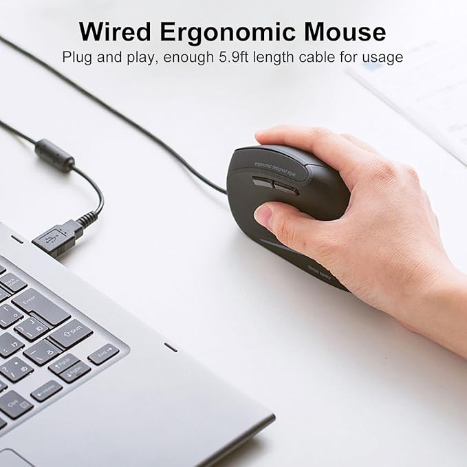 SANWA Wired Ergonomic Mouse, Optical Vertical Computer Mice, Reduce Wrist Strain, (1000/1600 Adjustable DPI, 6 Buttons) Compatible with MacBook, Laptop, Desktop, Windows, Mac OS for Office & Gaming