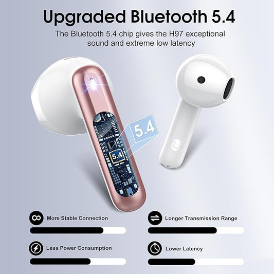 Wireless Earbuds, Bluetooth 5.4 Headphones with 3D Bass Stereo, 40H Ultralight in-Ear Buds, Bluetooth Earbuds with 4 ENC Noise Cancelling Mic, USB-C, IP7 Waterproof Earphones for Android iOS, Rose