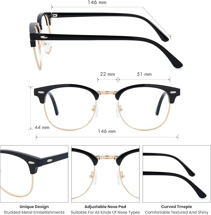 GUDVUE Blue Light Glasses, Computer/Gaming/TV/Phones Glasses for Women/men, Anti Glare/UV400/Eye Strain, Black/Golden