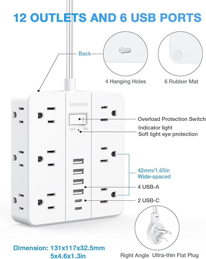 Flat Plug Power Strip Surge Protector, Flat Extension Cord Indoor 20 Feet， HUNIAN 12 Widely Spaced Outlets with 6 USB (2 USB C Ports), Desk Charging Station for Home Office Supplies, White