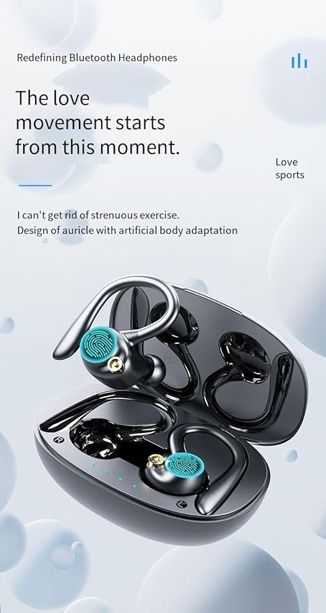 Ear Buds Wireless Bluetooth Earbuds Sports Earhooks Headphones,ENC Noise-Canceling Stereo High Fidelity Sound and Long Battery Life,Mics Clear Call,IPX6 Waterproof Headset,Ergonomic for Gym/Running